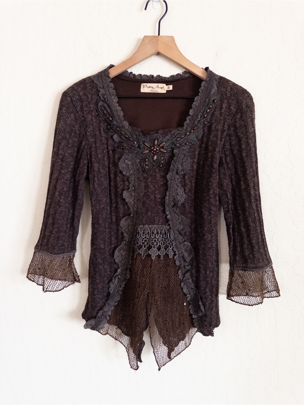 Vintage Y2K Pretty Angel Beaded Mesh Lace Boho Fairy Grunge Top Medium Brown